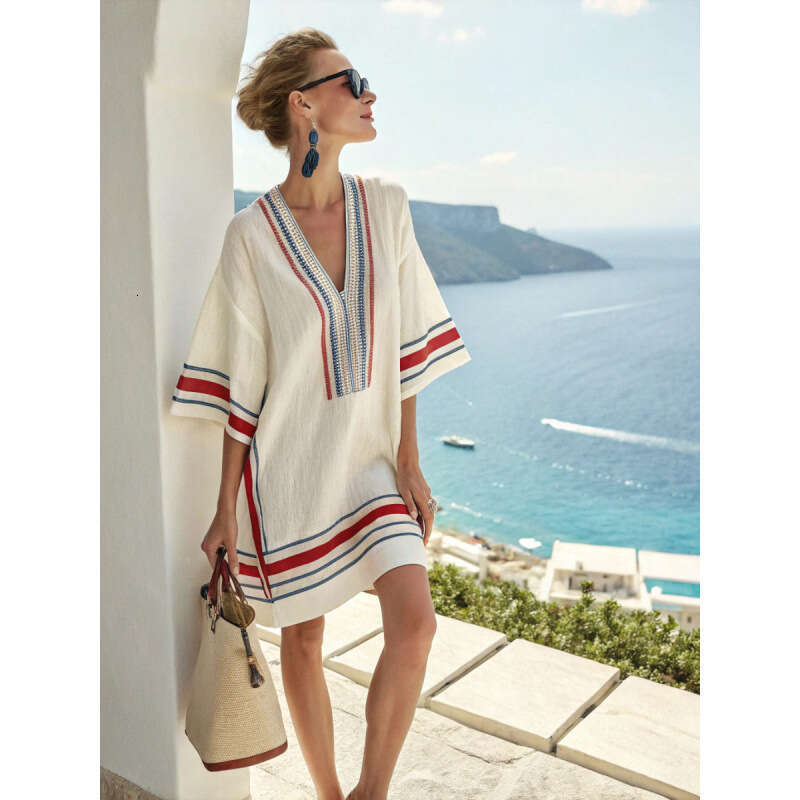 2026 New Seaside Vacation Style V-Neck Bohemian Print Loose Beach Dress Short Sleeve Sunscreen Cover-Up