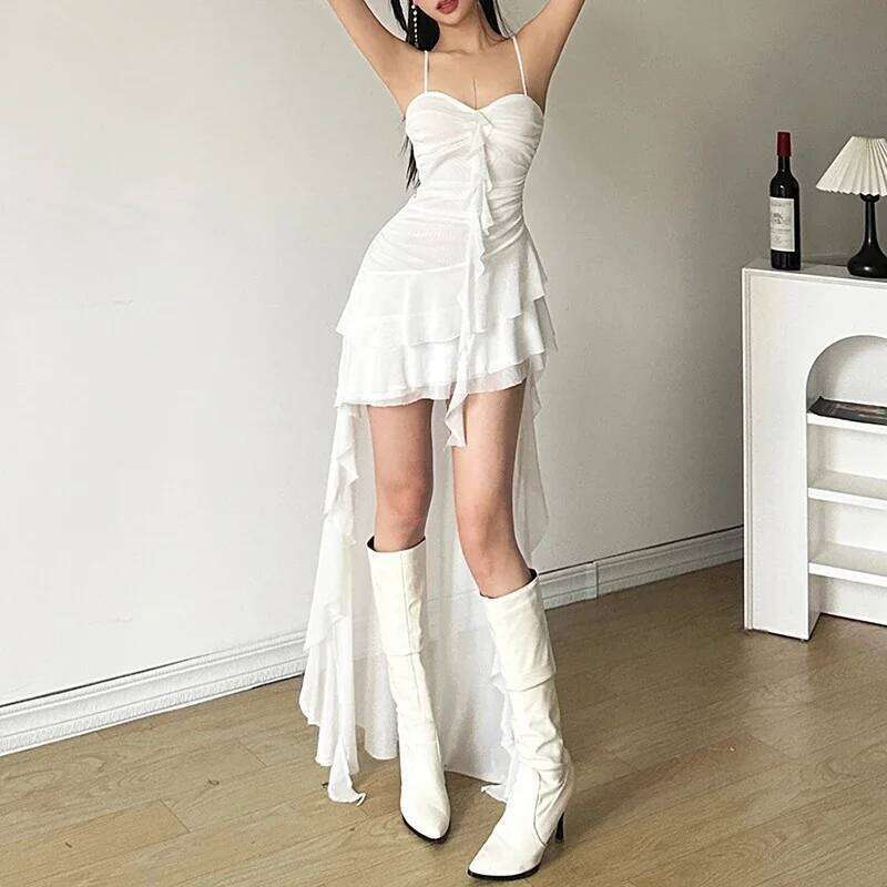 Y2K Irregular White Midi Dress Women Gothic Sexy Spaghetti Straps Ruffles Black Dresses Summer Korean Red Bodycon Vestidos C260312
