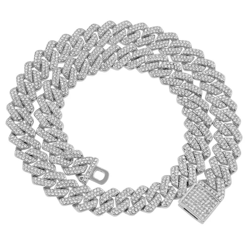14mm Hip Hop Cuban Link Chain For Men Silver Color Iced Out Rhinestone Miami Necklace Choker for Women with Neck Chain Jewelry 260304