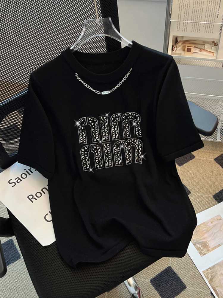 2024 Plus Size Hot Drilling Chain Loose T-shirt Women Summer New Korean Style Elegant Casual Trendy Short Sleeve Top Base ShirtT260312