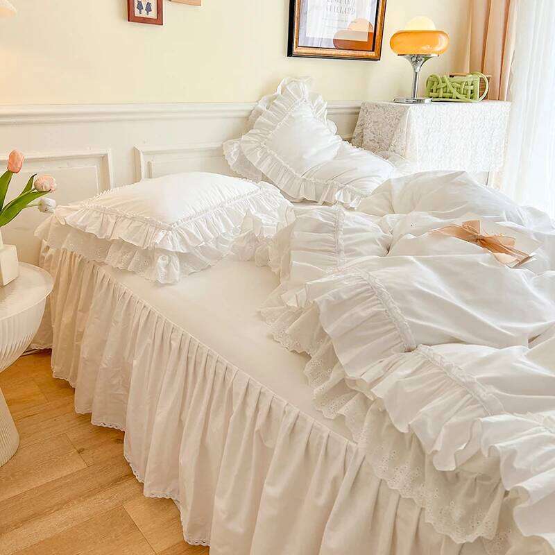 4Pcs White Korean Princess Style 100% Cotton Bedding Set Double Layer Lace Ruffles Duver Cover Bed Skirt Bedspread Pillowcases H260312