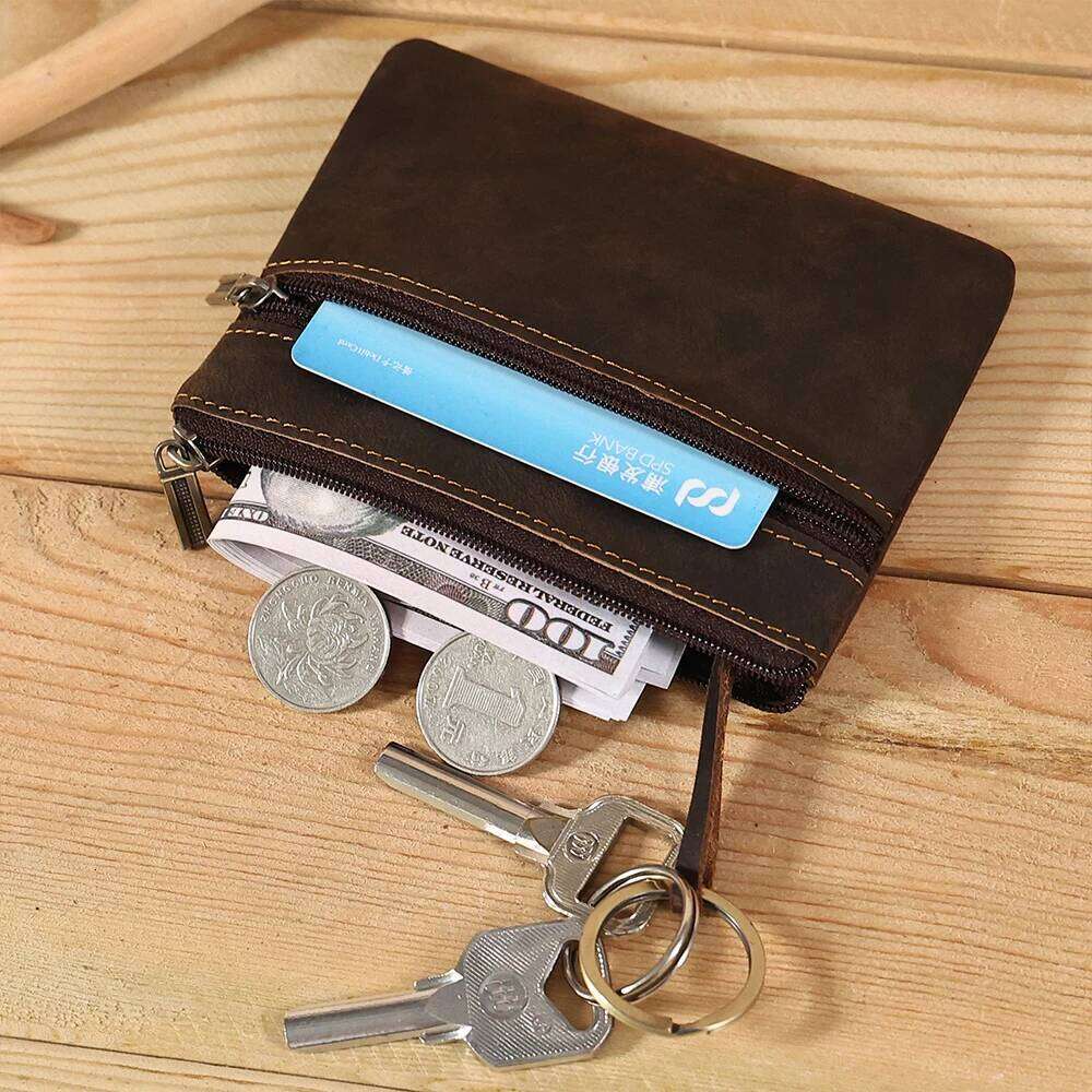 JOYIR Vintage Crazy Horse Leather Men's Coin Purse Card with Ring Cash Change Wallet Key Holder Money Pouch