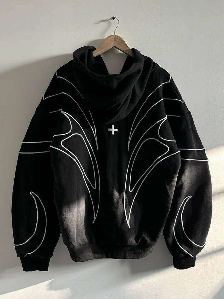 Street Retro Fashion Clothing Striped Embroidered Black Double Zipper Hoodie American Hip-hop Punk Oversized Sweatshirt women 26H0311