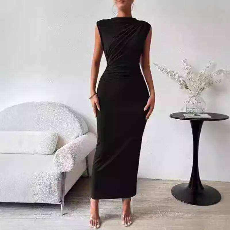 Women Plus Size Elegant Ruched Bodycon Euro Sexy Sleeveless Layering Stretchy Coat Inner Party Outfit Fashion Basic Dress C260312
