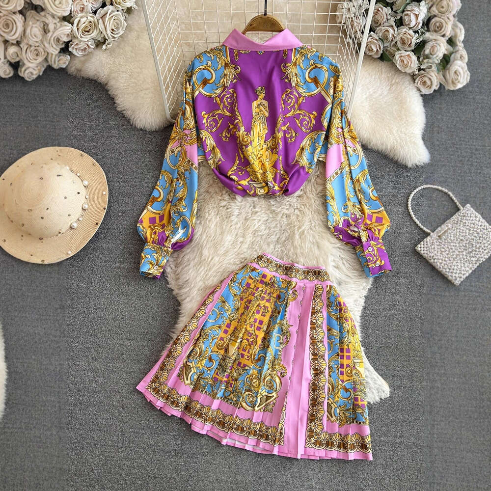 Women's Fashion Set Korean Elegant Long Sleeve Collar Single breasted Printed Shirt Two Piece Set High A17 Waist Skirt