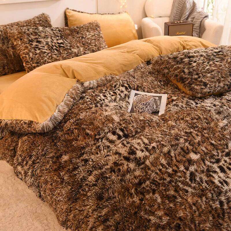 3pcs Luxurious Leopard Print Faux Fur Plush Duvet Cover Set Ultra-Soft, Warm, and Fluffy Shaggy Design with Zipper Closure - I H260312
