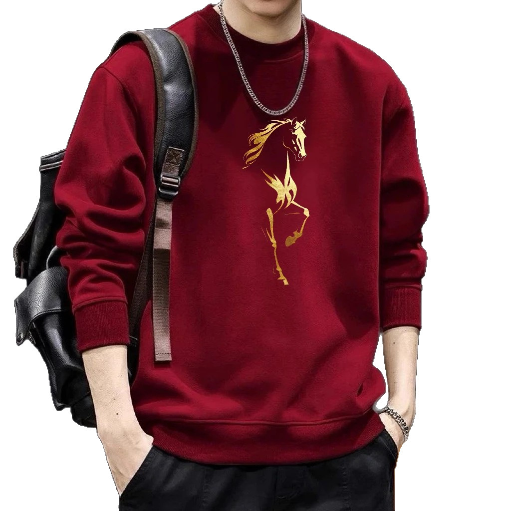 2026 New Trendy Red Swetshirt With Horse Print For Men Autumn/winter Round Neck Design Fleece-lined Long Designer Hoodie Sleeve Bse Shirt