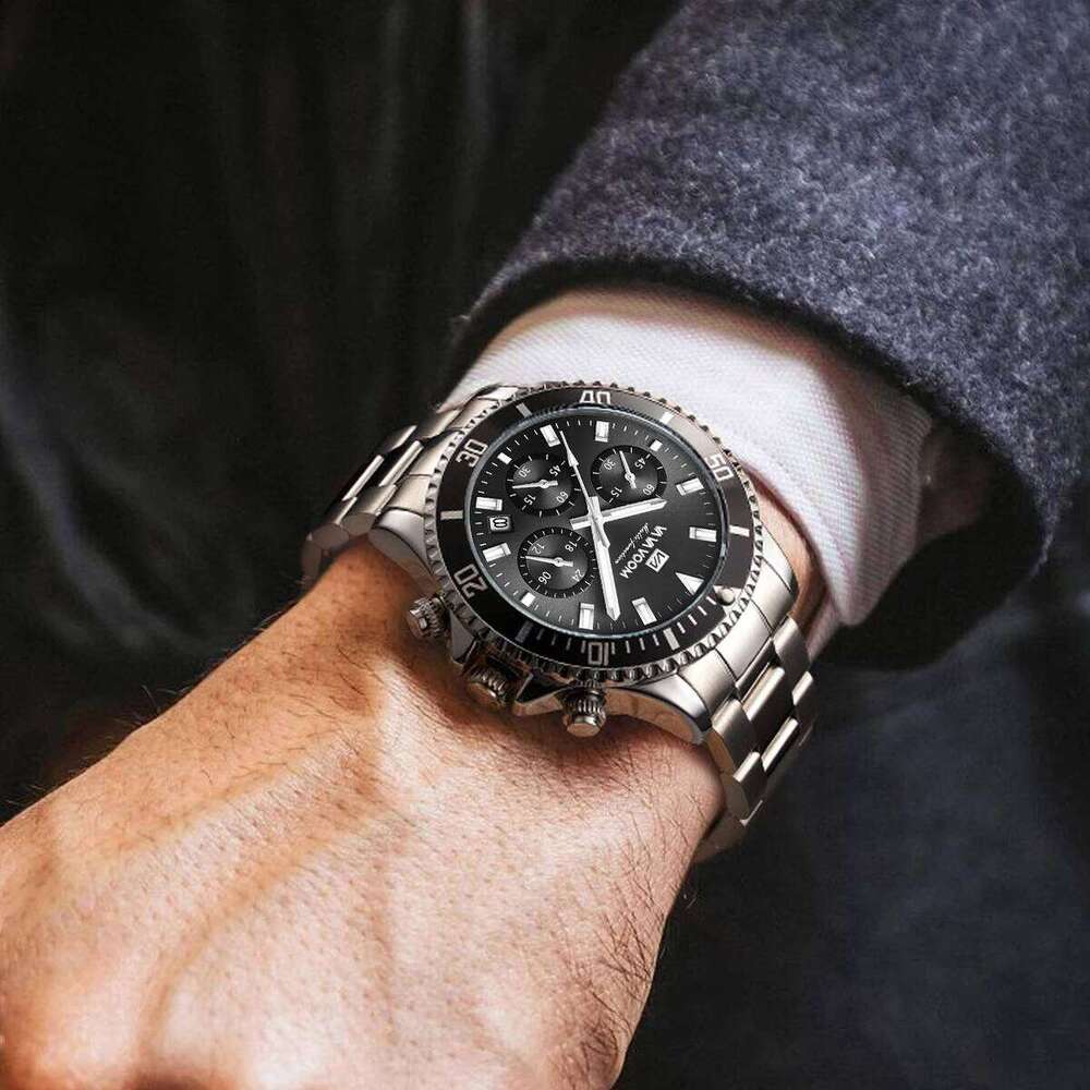 VA VOOM Brand Top 1Pc Multifunctional Fashionable Dial Green Gold Stainless Steel 3Bar Timing Watch for Men