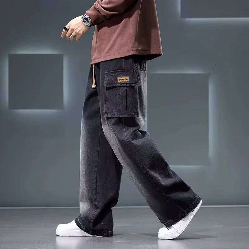8XL Jeans New Wide Leg Washing Pants Men Trousers Neutral Solid Color Loose Casual Korean Fashion Pocket Plus Size Cargo Pant 26Y0312