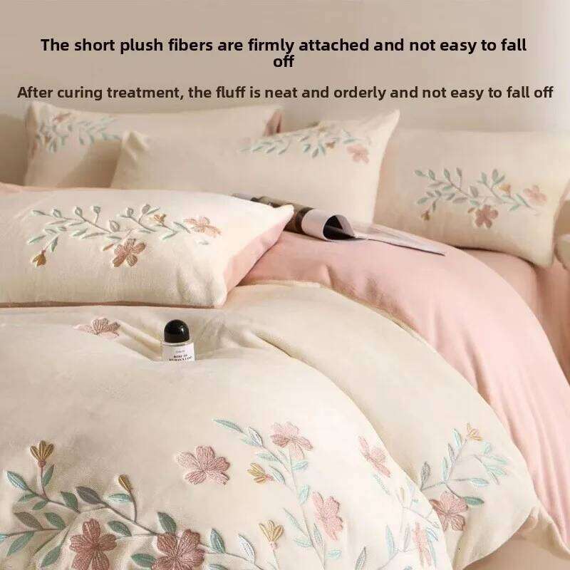 Light four-piece set, thickened warm coral fleece, beautiful embroidered quilt cover, fleece bed sheet H260312