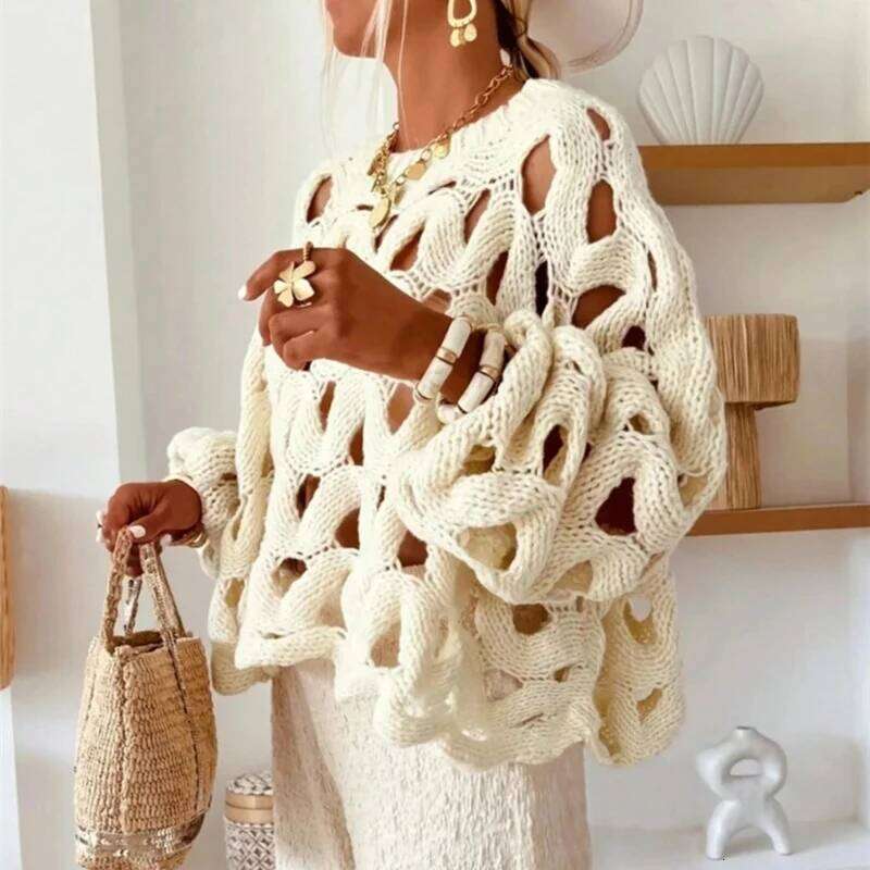 Sexy Hollow Out Long Sleeved Knitted Sweater Summer Beach O Neck Crochet Pullover Casual Solid Color Women S Loose Top Blouses MAKOUFEI