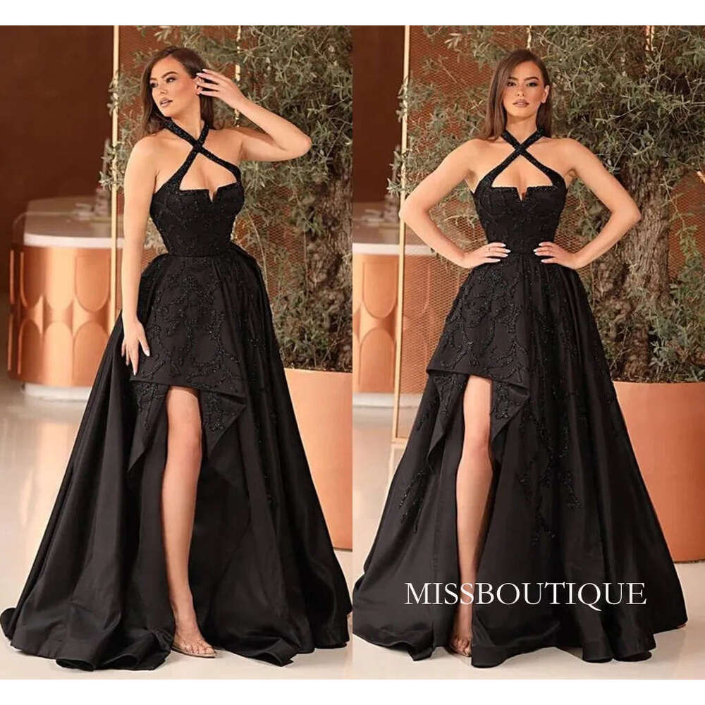 Modern Black Evening Dresses Sexy A Line Halter Neck Appliques Ruffles With Detachable Train Party Occasion Gowns Arabic Formal Vestidos Prom Wears B0