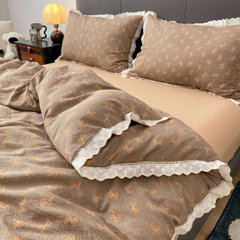 INS French Lace Trim Bowknot Double Layer Gauze Quilt Cover Four-Piece Set Simple Bed Fitted Sheet Dormitory Three-Piece H260312