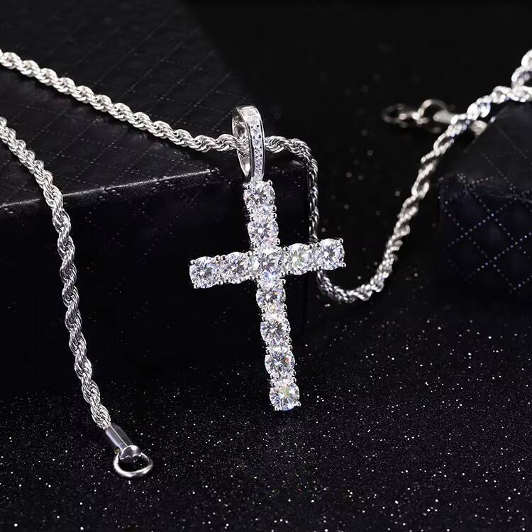 Hot Sale Cross Pendant 2mm-5mm Width 925 Solid Silver With D Color Moissanite Hip Hop Cross Pendant for Necklace
