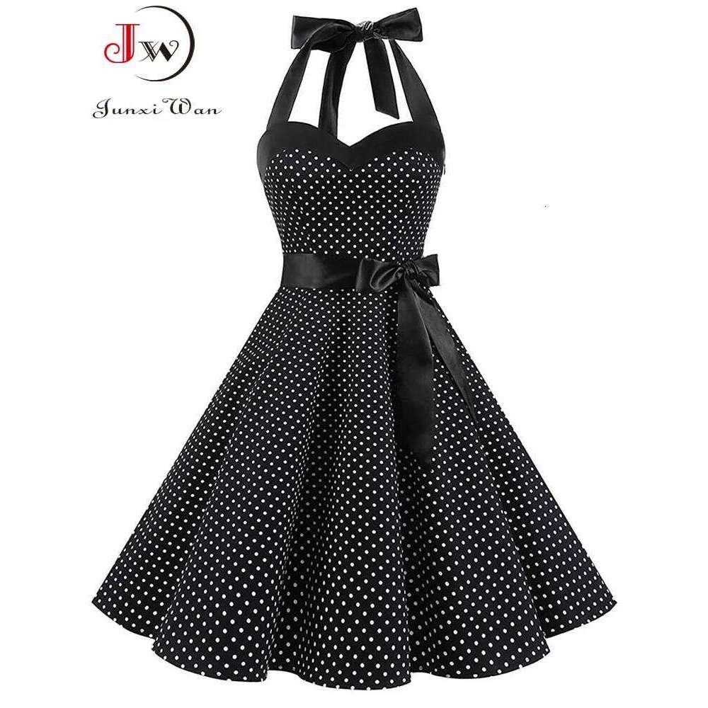 Women Polka Dot Print Summer Sexy Retro White Halter Vintage Robe Femme Pin Up Rockabilly Party Dress C260311
