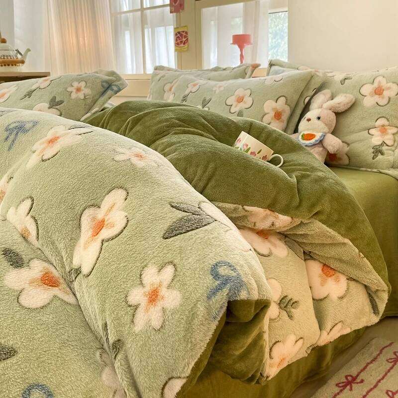 White Plant Flower Milk Velvet Duvet Green Reversible Soft Skin-friendly Comforter Cover Adult Kid Bedroom Winter Bedding H260312
