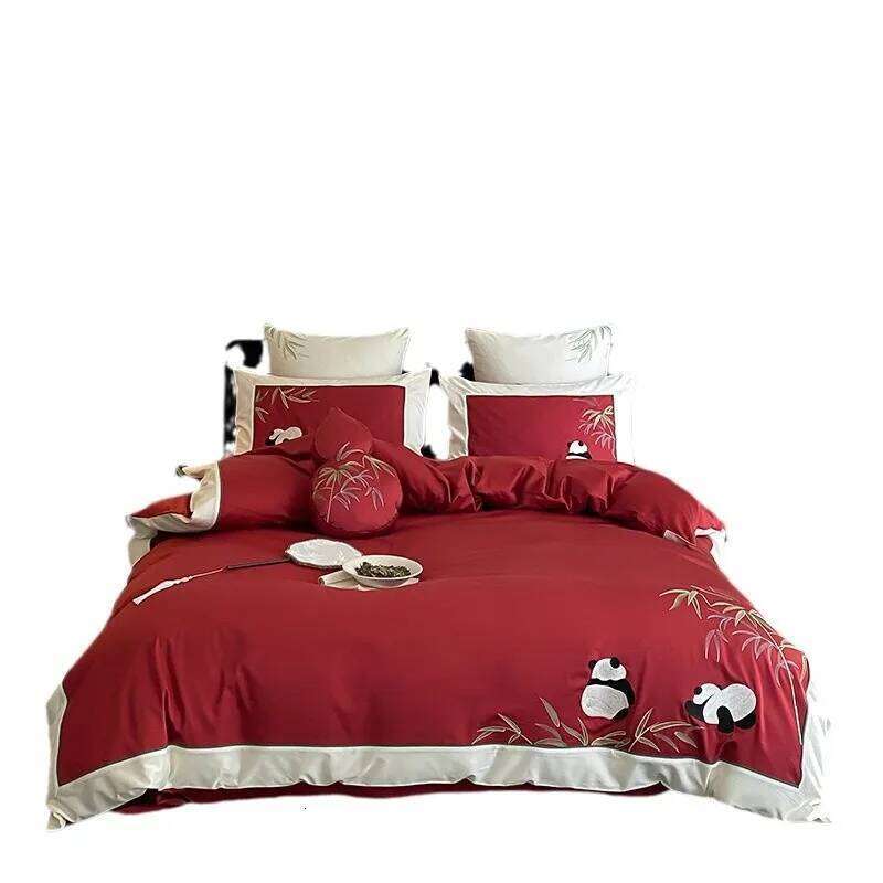 New Chinese embroidered panda 100S long-staple four-piece cotton quilt cover bed sheet bedding H260312