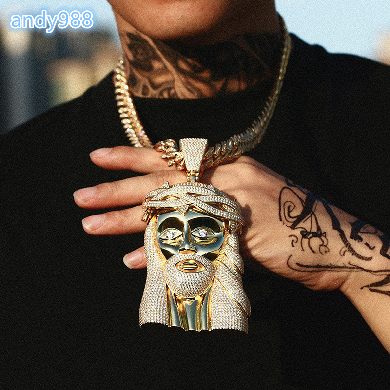 Iced Out Hip Hop Jewelry Big Size 18K Gold Plated S925 AAAAA Moissanite Diamond Jesus Pendant Necklace With Cuban Link Chain for Men