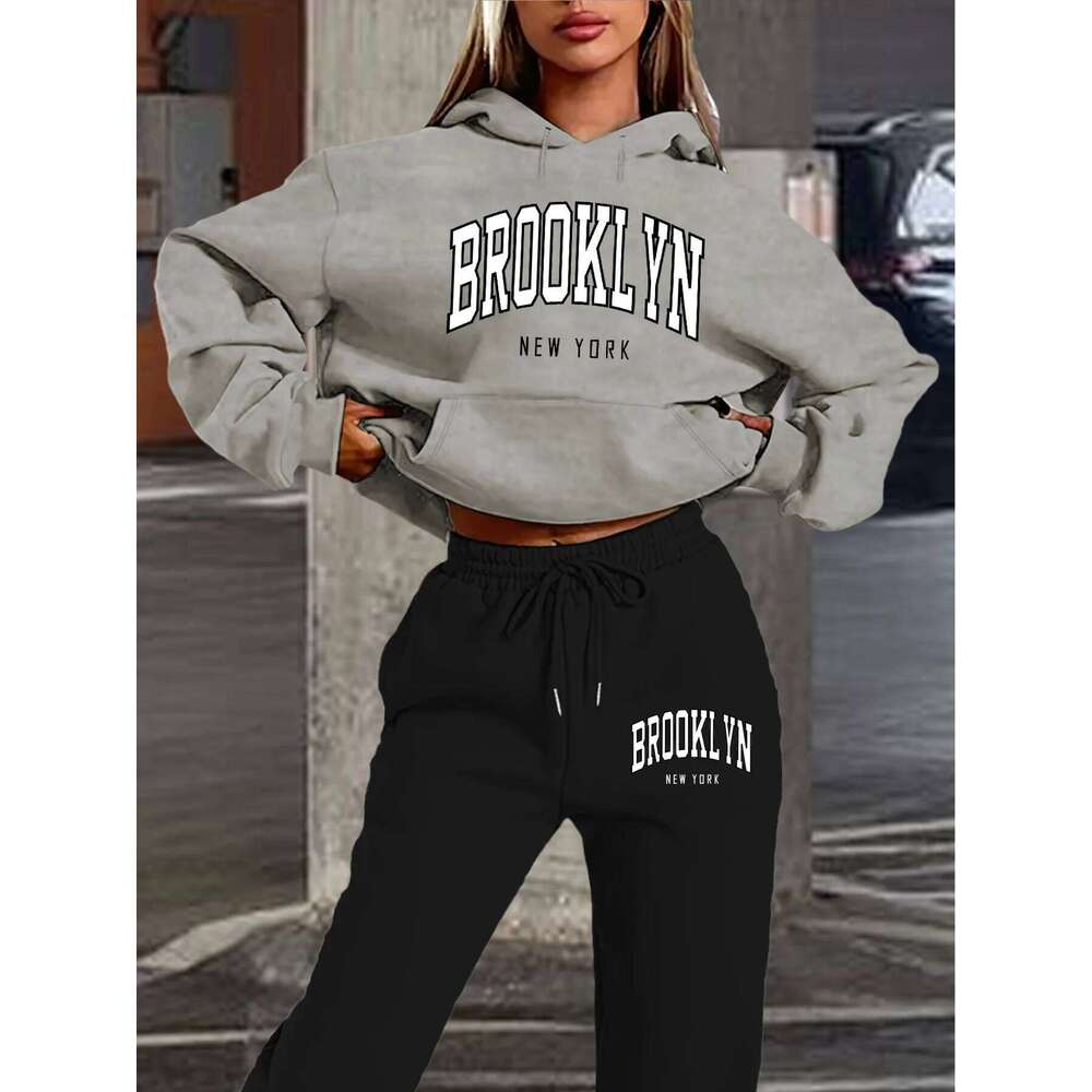 Women's autumn and winter fashion casual Brooklyn New York letter print with thick fleece warm hoodie+sweatpants set C260312