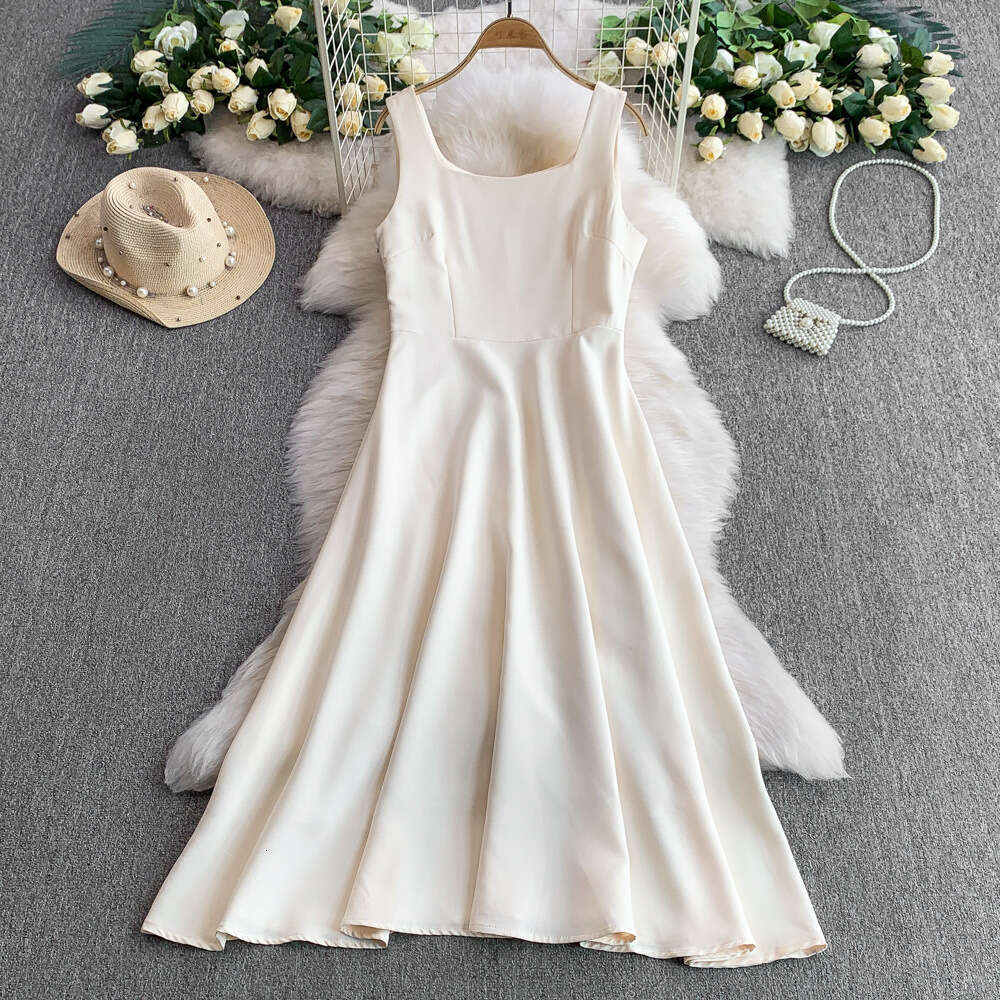 Designer French high-end satin elegant square a22 neck women's sleeveless dress summer waist cinching slim fit long dress