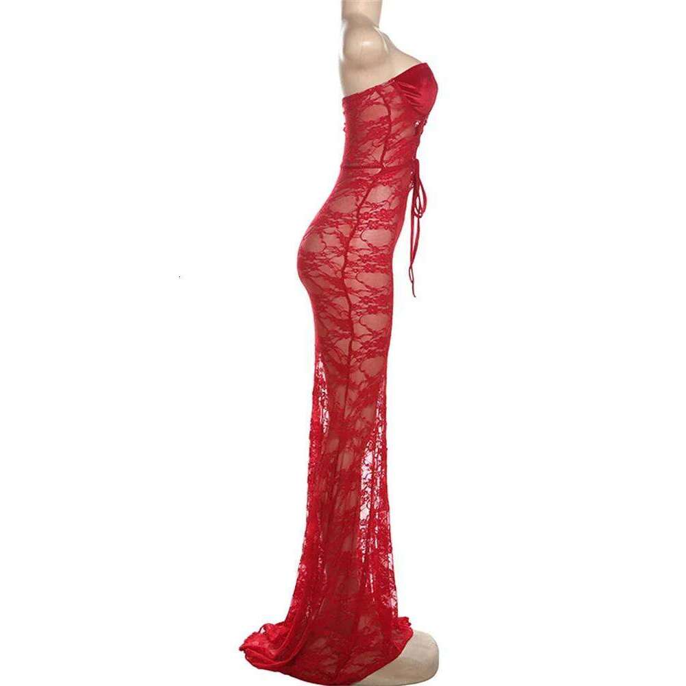 Nibber Lace Sexy Women Maxi Dress Stunning Coquette See Through Patchwork Drawstring Strapless Bodycon Mujer Midnight Club Robe C260312