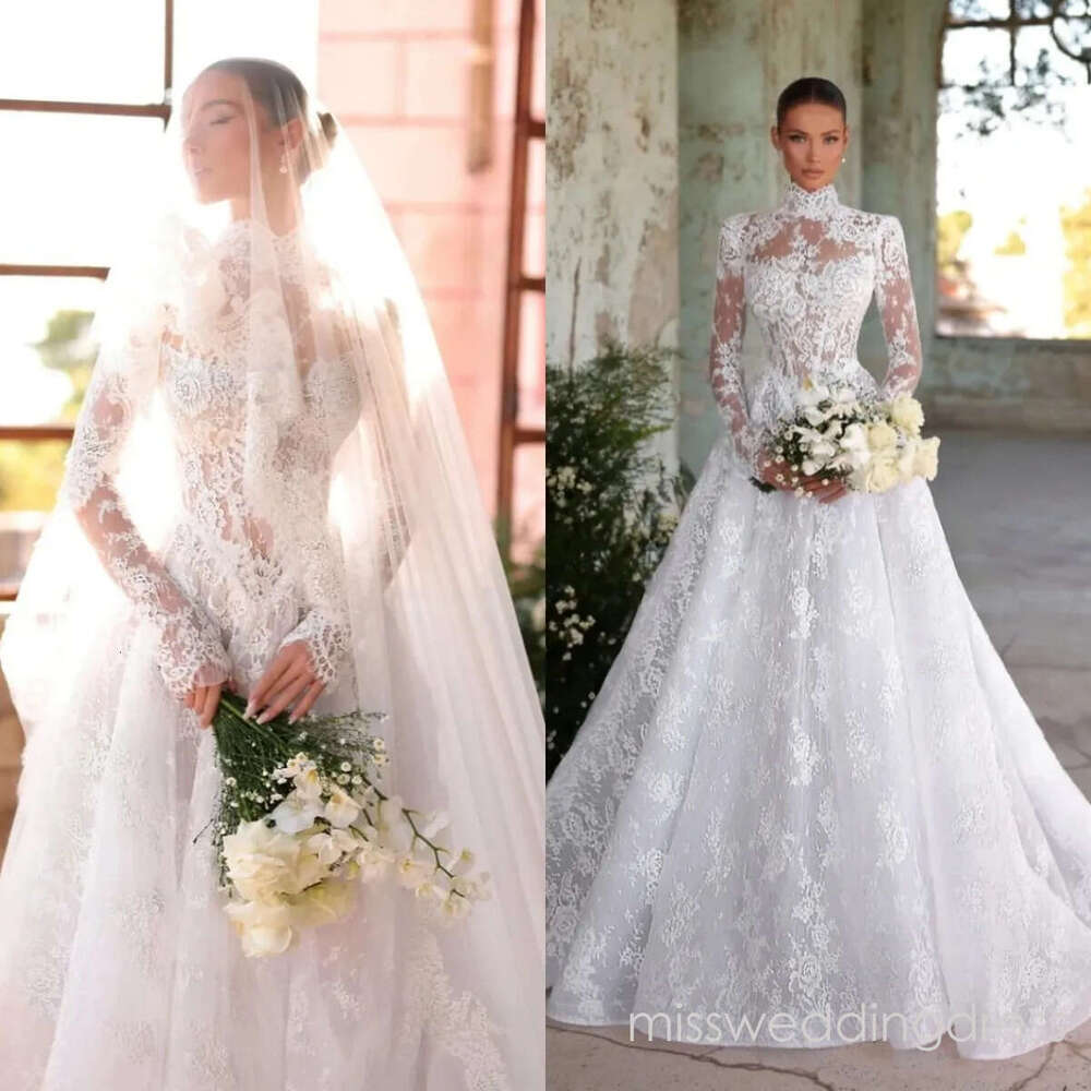 Graceful High Neck Wedding Dresses Lace A Line Bridal Gowns Appliques Long Sleeves Princess Customized Bride Vestidos De Novia Plus Size