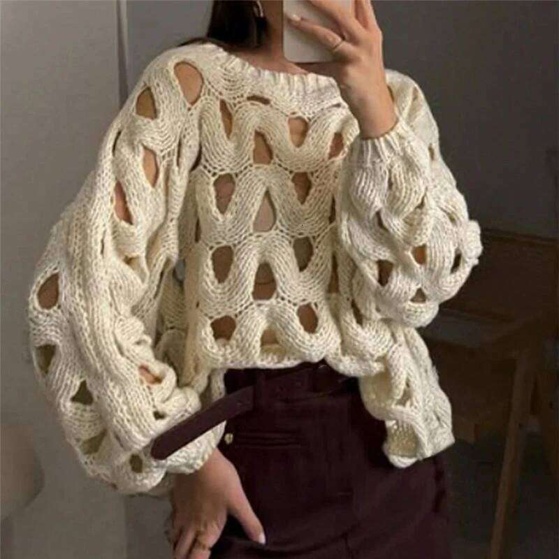Sexy Hollow Out Long Sleeved Knitted Sweater Summer Beach O Neck Crochet Pullover Casual Solid Color Women S Loose Top Blouses MAKOUFEI