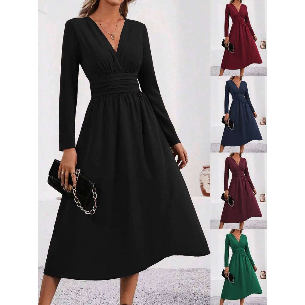 Elegant Solid Color Knit for Women 2025 Fall Winter Overlap V-Neck Sleeve with Waist Shirring Bodycon Long Maxi Dress C260312
