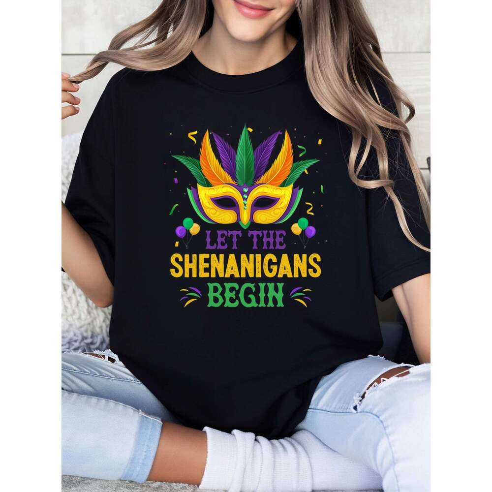 Mardi Gras Mask Let the Shenanigans Begin Printed T-Shirt Festival Party Women's Casual Wear Black Plus-Size Z260312