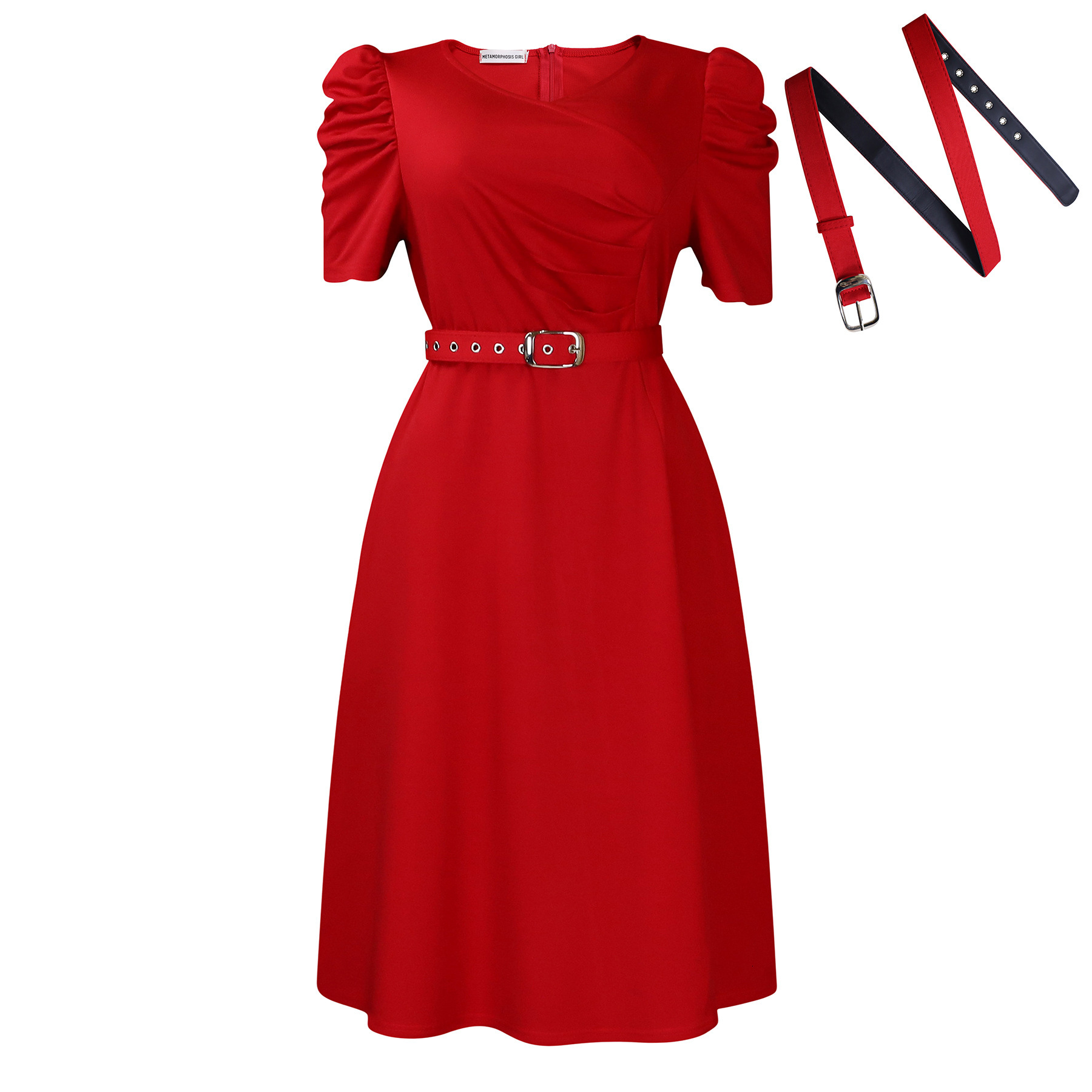 D490 Womens Summer New Fashion Elegant V-neck Pleated Flared Dress