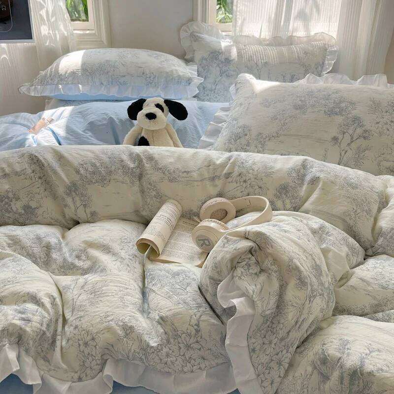 Blue Floral Ruffle Duvet Cover Queen Flower Leaf Comforter Covers 4Pcs Soft Pastoral Garden Washed Cotton Bedding Set H260312