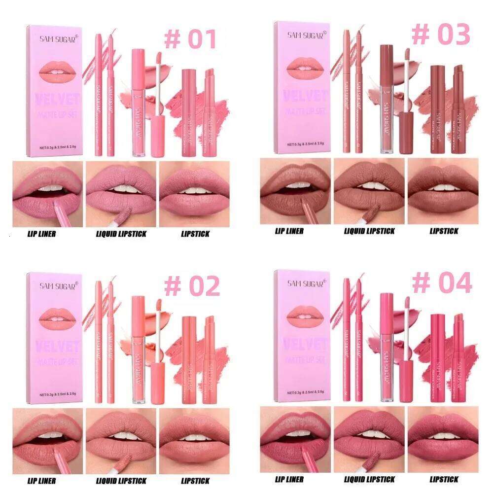 Matte Liquid Lipstick Set 3in1 Long Lasting Waterproof Lip Liner Gloss Kit Nude Pink Brown Cherry Shades W260311