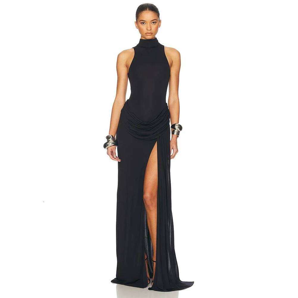Blifanbo Turtleneck Off-shoulder Sleeveless Thigh Split High Waist Pleated Maxi For Women Elegant Fashion Club Party Dress C260312