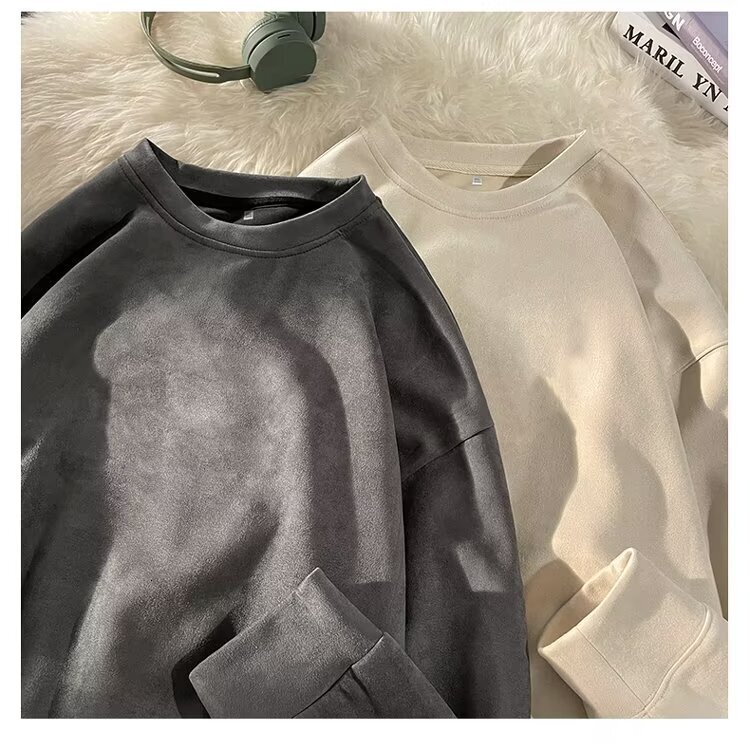 Men's Suede Sweatshirt Heavyweight High Street Style Designer Hoodie Trendy Round Neck Pullover Solid Color Sweatshirt Unisex Style Logo Jacket T