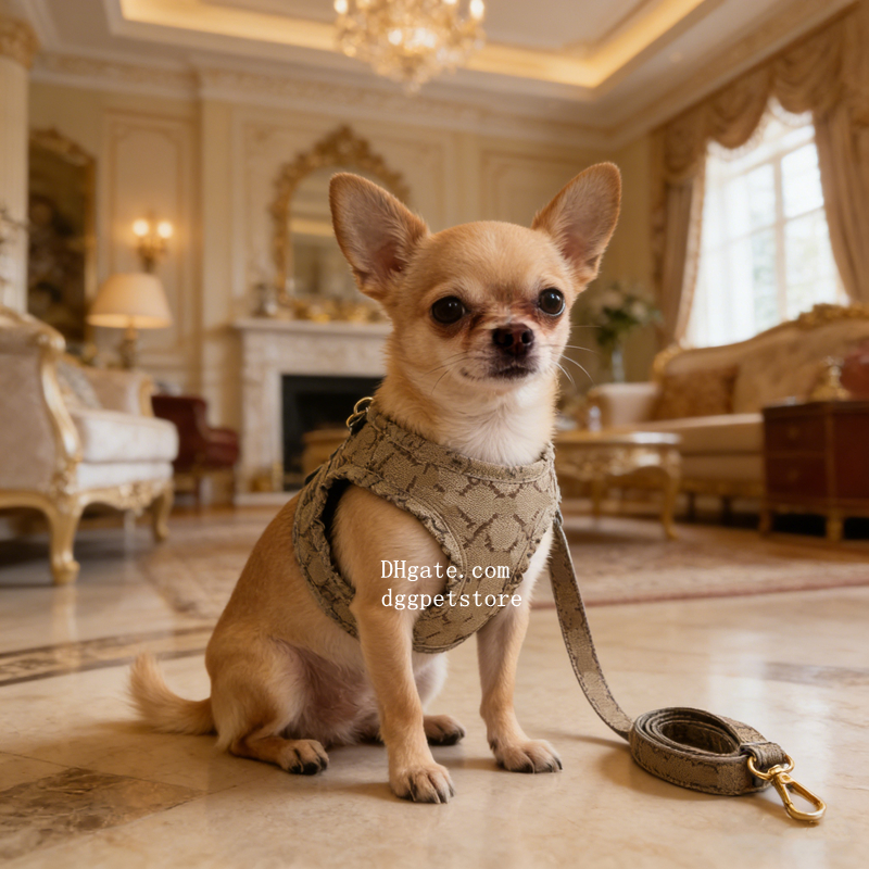 Designer Dog Harness Leash Set for Small Dogs No Pull, Khaki Adjustable Harness with Padded Mesh Fabric and Classic Letter Pattern- Buckle Strap Harness for Dogs B275