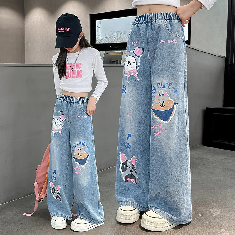 2026 Cartoon Fashion Pattern Jeans for Girl Loose Straight Denim Pants Lovely Print Kids Spring Autumn Korea Style Long Trousers 260311