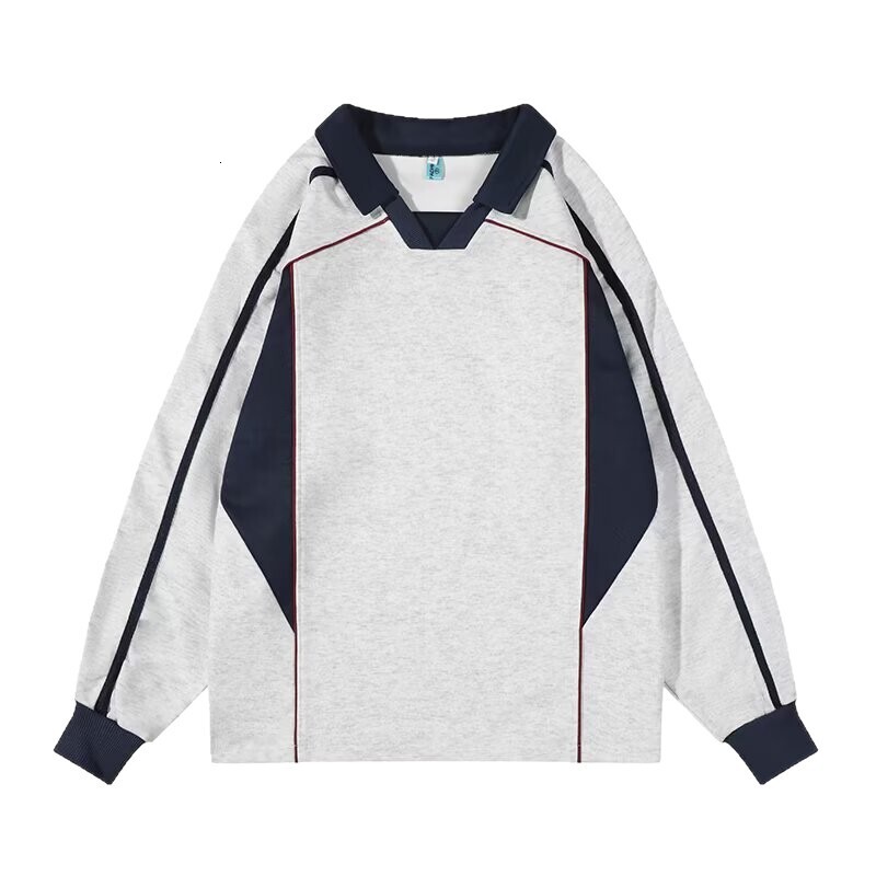 Retro Color-blocking Sports Style Long-sleeve T-shirt For Men Trendy Street Designer Hoodie Style Couple's Polo Collar Blank Sweatshirt