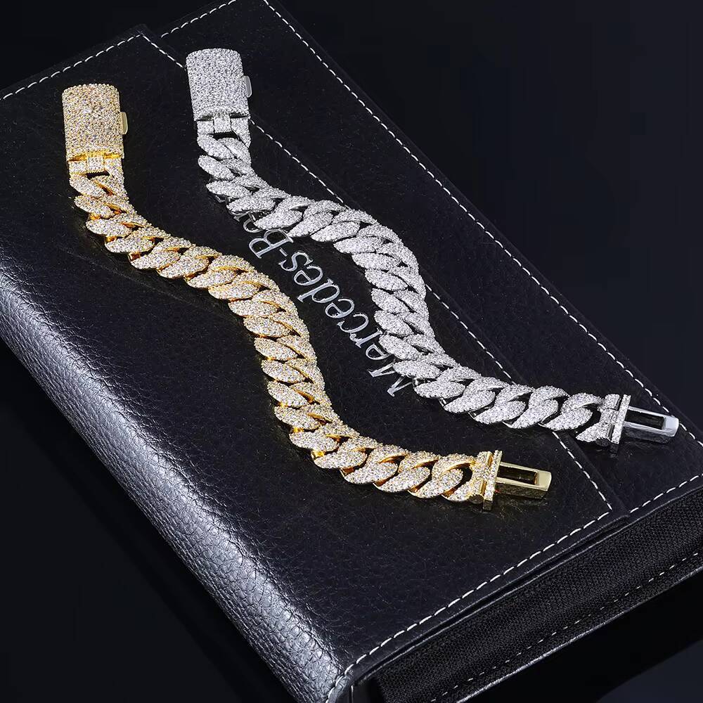 NUOYA Iced Out Diamond Cuban Chain Bracelet 14mm Width Silver and Gold Plated Heavy Cuban Link Chain Hip Hop Jewelry for Women