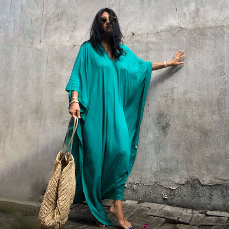 New European and American style rayon solid color cover-up dress seaside vacations, loose-fitting bikini swimsuit robe for women