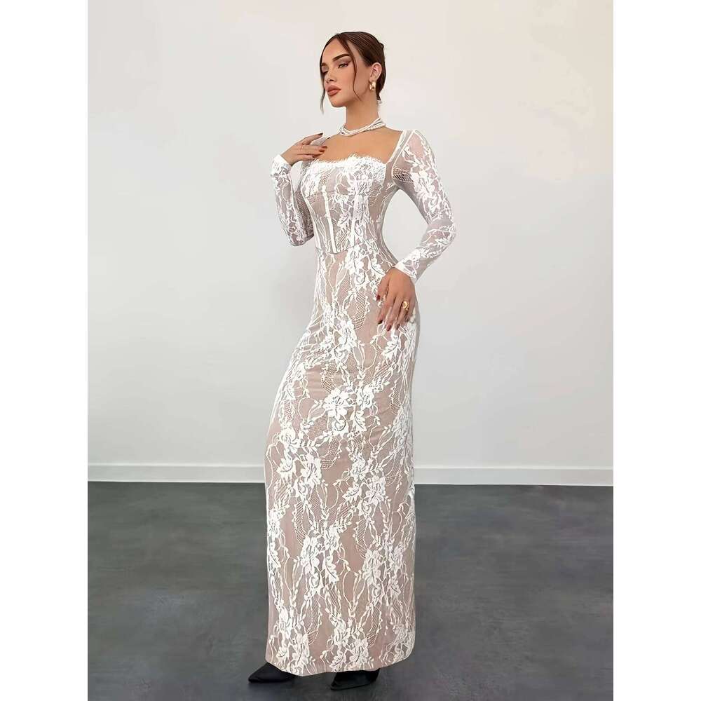 Elegant Direction Women's Spring Summer New Lace Splice Sexy Slim Long Sleeve Fashionable Casual Midi Dress C260312