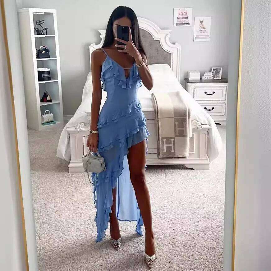 Woman Irregular Tassel Summer Trend Skinny Split Maxi Bodycon Birthday Party Clubwear Vestidos Blue Elegant Women Strap Dresses C260312