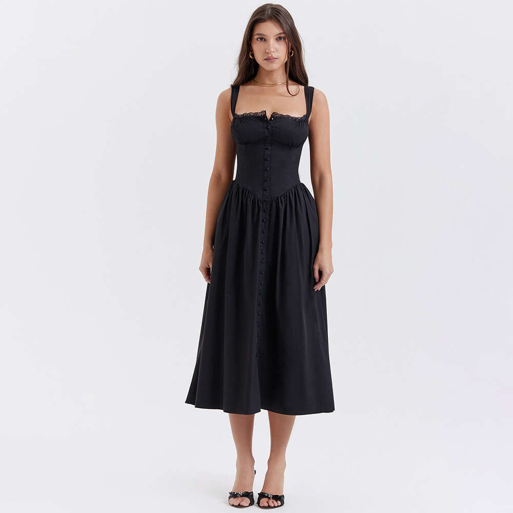 2026 Summer Camisole Dress with Front Buttons, Back Tie, Waist-Cinching, Lace Trim Above the Bust, European and American Cross-Border Supply