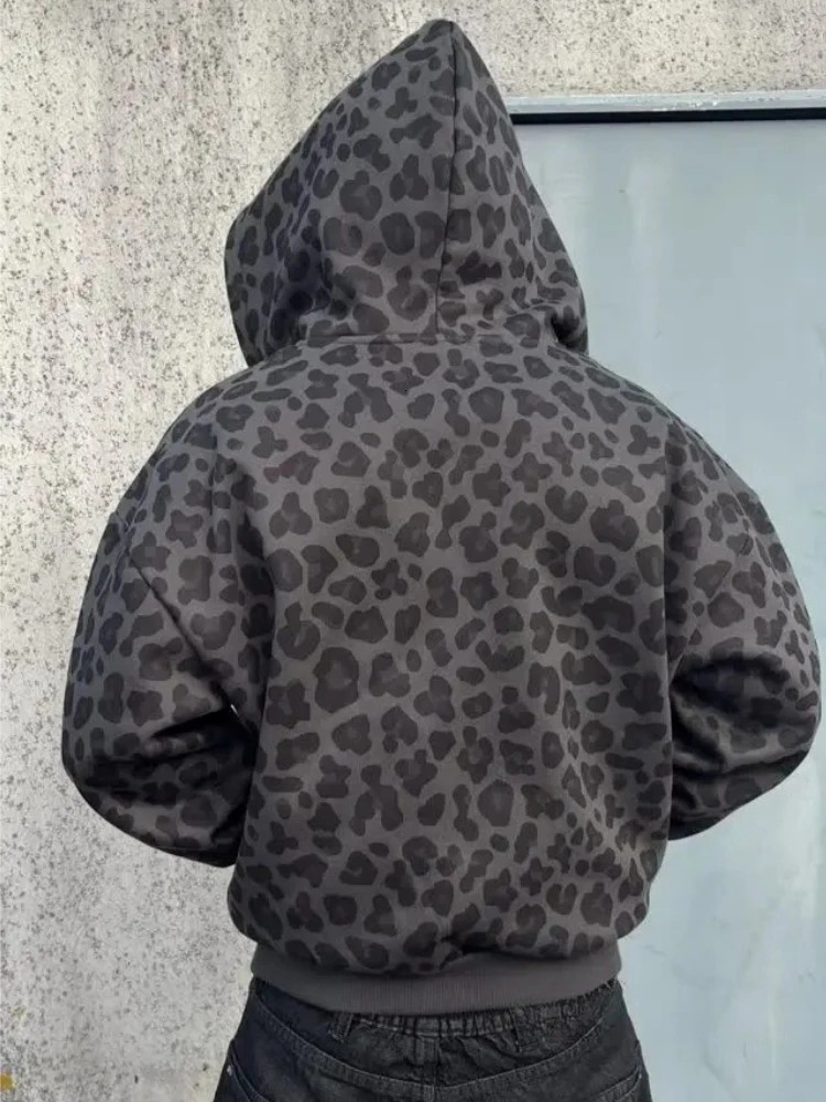 Y2K Zipper Hooded Sweatshirt for Autumn and Winter Retro Leopard Print Hooded Sweatshirt for Men and Women Loose Clothes 260311
