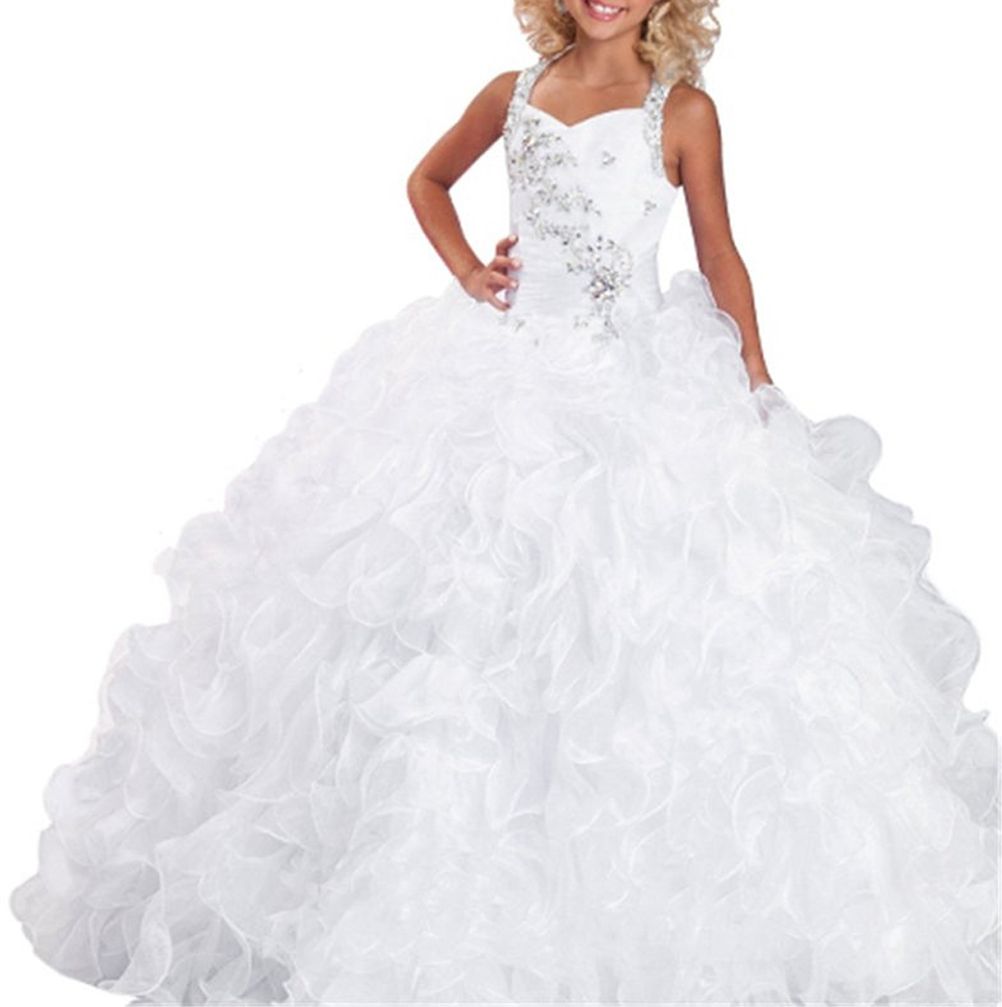 Flower Girls Wedding Party Ball Kids Firts Holy Communion White Gowns Children Halter Pageant Dress