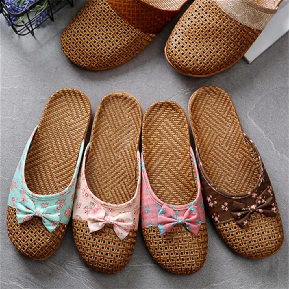 Summer Shose Women Slippers Beach Flip Flops Breathable Linen Flat Slippers Female Casual Flax Bow Ladies Slippers Sandals Shoes 260227