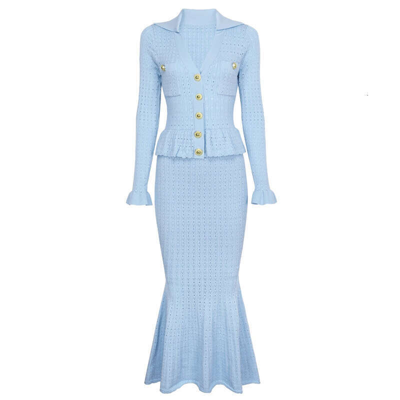 2026 Spring and Summer Elegant Social Dress Thin Hollow Knitted Collar Top with Ruffle Sleeves and Fitted Fishtail A17 Skirt Set