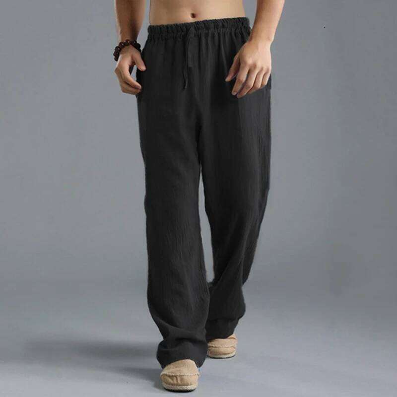 2024 New cotton long men's spring summer loose and breathable solid color linen pants casual street wear