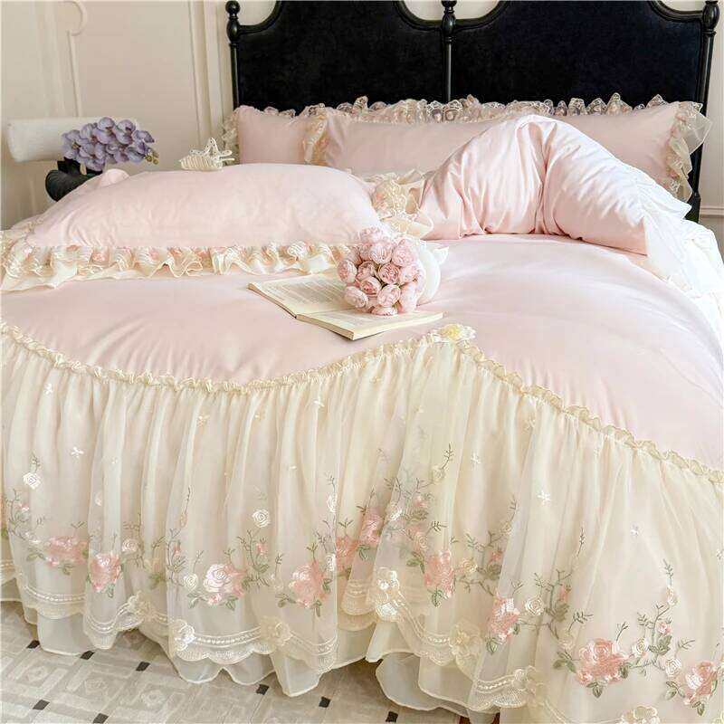 4Pcs Princess Wedding Bedding Set Korean Style Lace Flowers Embroidery Duvet Cover Bed Sheet/Fitted Sheet/Bed Skirt Pillowcases H260312