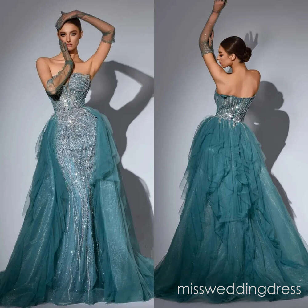 Sparkly Evening Dresses Beading Rhinestone Prom Gown with Detachable Train Illusion Sleeveless Mermaid Customized Vestidos De Noche Plus Size