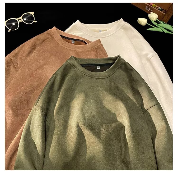 Men's Suede Sweatshirt Heavyweight High Street Style Designer Hoodie Trendy Round Neck Pullover Solid Color Sweatshirt Unisex Style Logo Jacket T